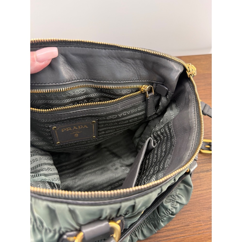 Prada Tessuto Gauffre Ruched Nylon Leather Satchel Bag Green Black Gold Hardware - Picture 10 of 11